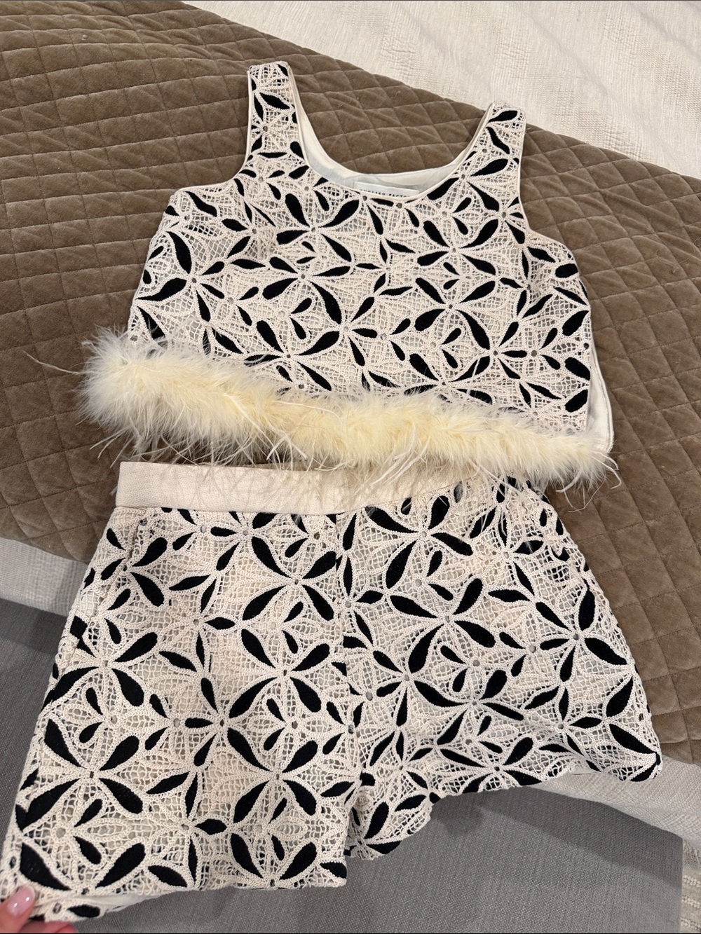 English Factory Cream Crochet Crop Top & Shorts with Feather Trim